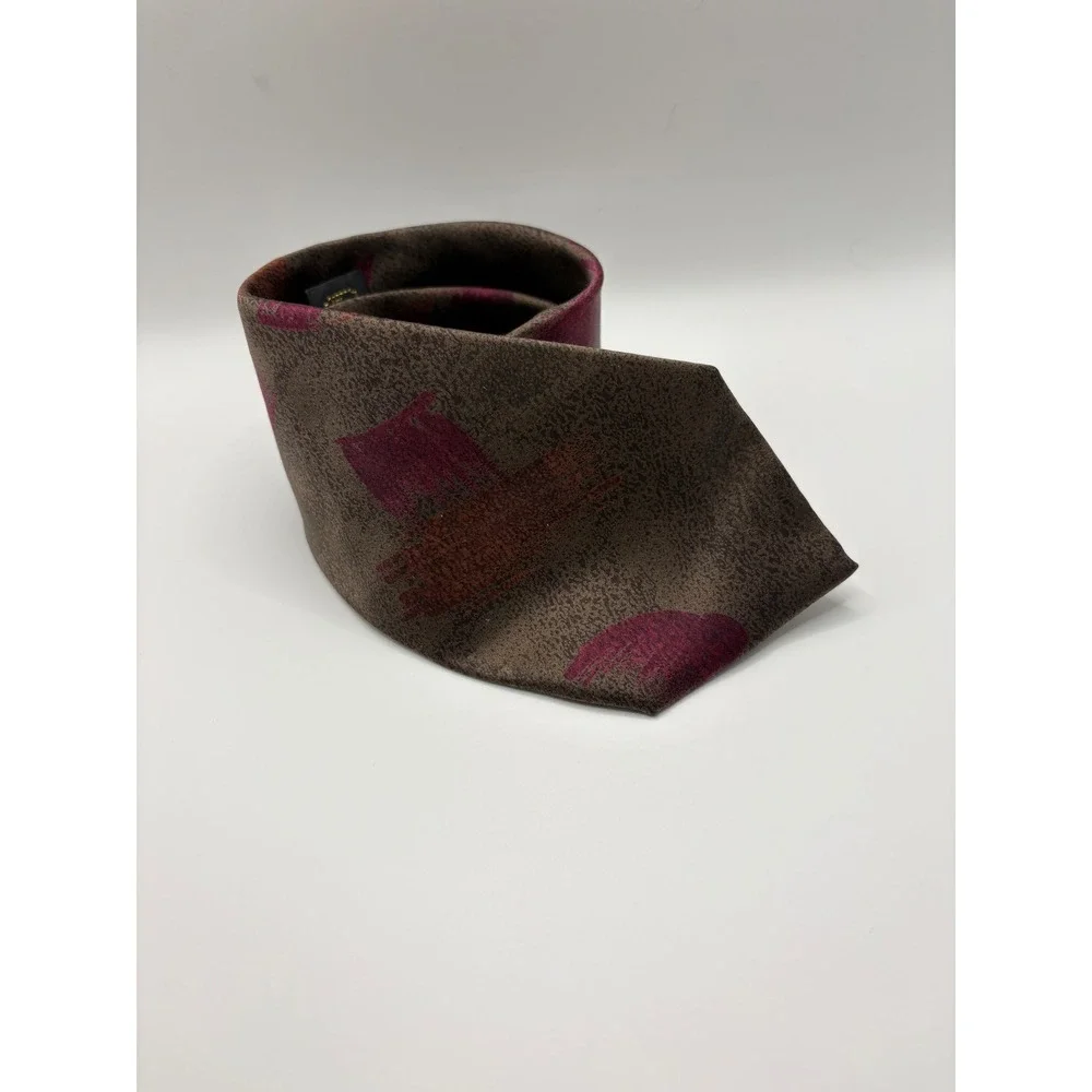 Bernard Hill Mens Silk Necktie Brown Burgundy Abstract Brushstroke Pattern